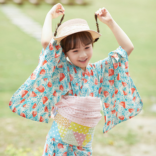 山鸟和色夏季全棉日本儿童和服日式浴衣女童连衣裙演出服浅青西瓜