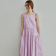 ROHEME设计感无袖背心连衣裙女夏季纯棉圆领白色粉紫色长款蛋糕裙