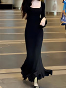 鱼尾长裙秋冬季女装，2023黑色赫本风气质连衣，裙子高级感包臀裙