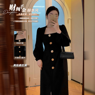 阿胖大码女装2022秋季法式修身气质大小姐方领高级黑连衣裙Q6581