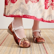 民族风印花布鞋子女浅口中跟配旗袍鞋复古单鞋搭配马面裙日常外穿