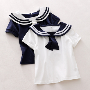 女童短袖t恤纯棉，儿童海军风上衣女宝宝全棉，半袖衫2024体恤衫