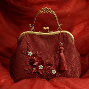 素锦手作暗红色蕾丝手提包旗袍，包重磅(包重磅)钉珠，亮片花朵新娘包