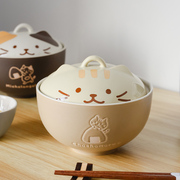 日单创意猫咪造型带盖碗陶瓷泡面碗单人餐具釉下彩汤碗可爱日式碗