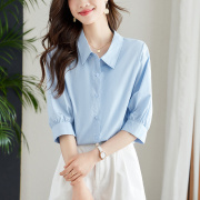 蓝色纯棉衬衫女五分袖夏季韩版通勤百搭宽松显瘦上衣