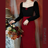 巷里法式复古红色连衣裙春秋，宫廷赫本玫瑰拼接显瘦气质小礼服长裙