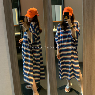 设计款韩国2024夏季新橙色蓝色条纹大码宽松长款T恤式连衣裙