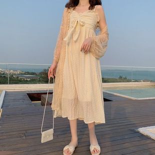 2024韩版蝴蝶结裙子镂空蕾丝长款防晒空调衫吊带连衣裙两件套