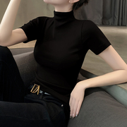 黑色短袖t恤女针织半高领，打底衫内搭春夏季洋气高端螺纹半袖上衣