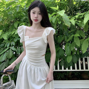 法式小飞袖白色连衣裙女小个子，2024夏季不规则镂空仙女气质长裙潮