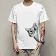 欧美个性创意侧猫小猫咪T恤夏季时尚圆领短袖男女情侣款T恤