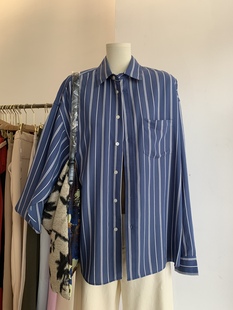 春夏法式休闲风蓝色条纹控中长款女式衬衫oversize衬衣