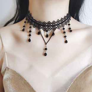 性感黑色蕾丝宽颈链项链韩国时尚百搭脖子人造水晶，吊坠项圈颈带女