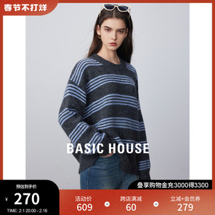 Basic House/百家好条纹针织衫女2024春季套头毛衣羊毛衫慵懒