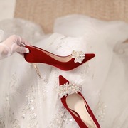 红色尖头高跟鞋女2023中式秀禾服婚鞋新娘鞋订婚敬酒礼服单鞋