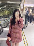 韩国ulzzang秋冬法式气质时尚，v领双排扣宽松格子呢料连衣裙女
