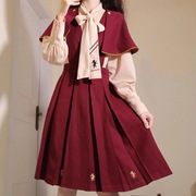 新年套装裙秋季女学生韩版宽松日系斗篷+衬衫+背带连衣裙三件
