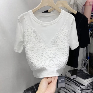 纯棉白色蕾丝拼接假两件短袖t恤女2024夏韩版气质修身上衣潮