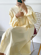 MICOOS 鹅黄色  开叉设计中长款立领长袖连衣裙宽松大衬衫