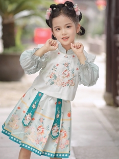 汉服女童春秋款套装超仙儿童，中国风唐装卯兔三件套2023公主裙