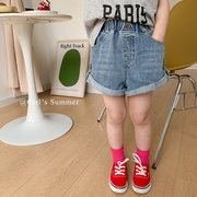 艾摩贝贝夏季女童牛仔短裤韩版儿童设计感卷边热裤外穿潮