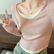 深圳市潮牌美衣服饰有限公司纯欲风粉色长袖打底衫t恤女设计感拼