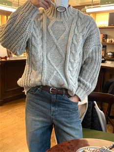 MRDONG韩国男装立体麻花纹菱格重工粗棒针织衫设计师圆领毛衣