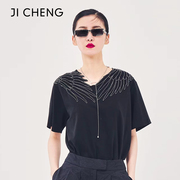 jicheng原创设计翅膀t恤短袖低领显瘦刺绣休闲v领潮牌t恤女上衣