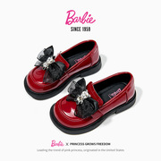 芭比女童红色方口皮鞋2024新春，款新年拜年礼服小公主花童演出单鞋