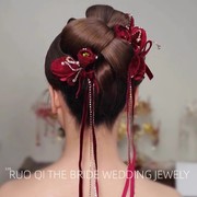新娘韩式婚礼新中式发簪敬酒服绒布花朵边夹头饰手工红色晨袍发夹