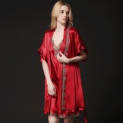 杭州品牌16姆米真丝睡袍套装100%桑蚕丝居家蕾丝吊带睡裙两件套女