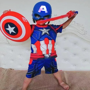 美国队长儿童套装cos男童，超人英雄钢铁，侠衣服万圣节演出服短袖夏