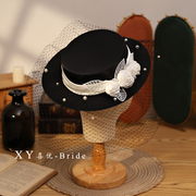 复古新娘小礼帽法式赫本风，花朵黑色网纱优雅平顶，礼服头饰帽子