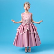 卡莉莎女童长裙缎布条纹礼服裙欧美风立体花朵中大童表演服花童裙