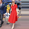 欧美时尚设计感夏季走秀高端气质修身中长款红色短袖连衣裙女