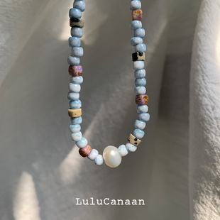 LuluCanaan琉璃天蓝色淡水珍珠手链弹力手串小众情侣原创设计