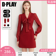 DPLAY春装法式小个子短裙高级感红裙子蝴蝶结礼服红色连衣裙