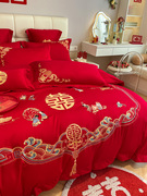 高档中式纯棉结婚四件套红色，百子图刺绣被套全棉婚庆床上用品婚房