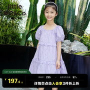 little moco童装夏装儿童女童泡泡袖连衣裙紫色格纹裙子公主裙