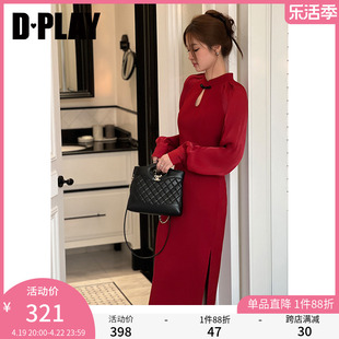 dplay女装新中式改良旗袍，红色盘扣连衣裙回门服国风长袖裙子女