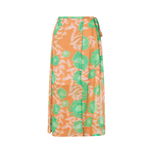 GANNI夏季橘/绿撞色印花图案复古优雅度假风女士系带半身长裙