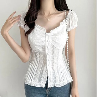 韩国chic夏季减龄百搭雪纺，衫设计小重工镂空蕾丝，花边小飞袖衬衫女