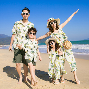 2023夏季亲子装男孩沙滩衬衣套装母女雪纺阔腿连体衣海边度假