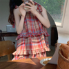 韩国ins夏季复古红色格子舒适棉麻吊带短裤睡衣外穿家居服套装女