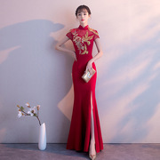 敬酒服旗袍2020夏季长款中式中国风新娘结婚红色晚礼服女鱼尾