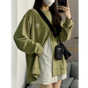 韩版vibe原创假两件拼接绿色卫衣女2022年秋季设计感小众别致上衣