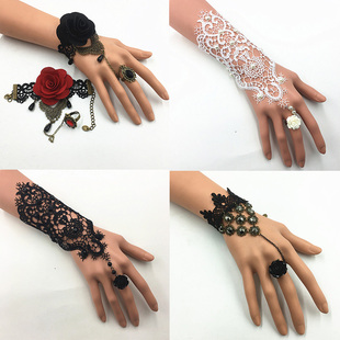 韩版饰品复古街头朋克时尚蕾丝手链带玫瑰花朵戒指一体链新娘
