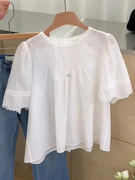 CHAO级！白色蕾丝拼接镂空短袖衬衫女夏季设计感超仙洋气上衣