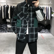 2023秋季单目男士韩版宽松格子，拼接撞色夹克，青年美式潮流帅气外套