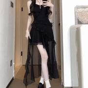 黑色不规则连衣裙吊带夏季网纱设计感小众吊带裙黑色开衫套装